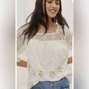 Anthropologie Forever That Girl top ivory eyelet blouse with yellow flowers